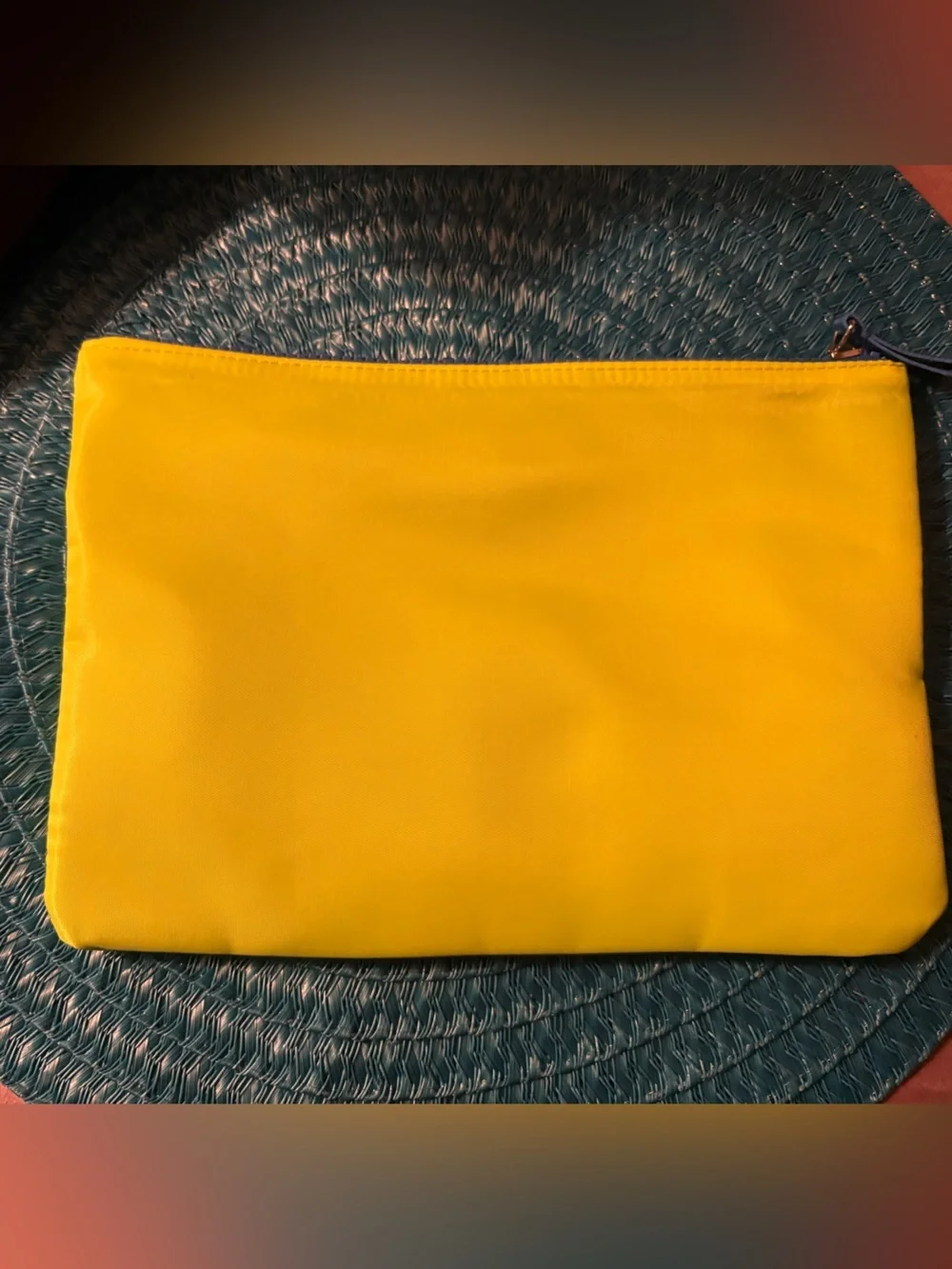 Shiseido make up bag neon yellow with blue zipper . 7” height 10” wide.